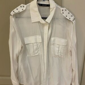 Zara Basic White Button-Up Shirt with Studded Shoulders